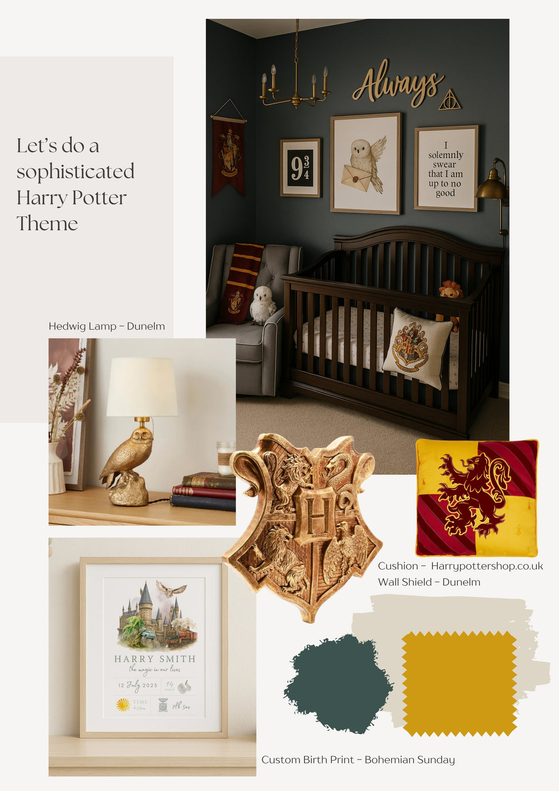 Colour inspiration and buying guide for a more sophisticated Harry Potter theme which can suit a nursery or an older kid's room.